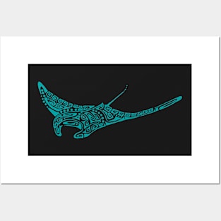 Turquoise manta ray tattoo style pale gray background Posters and Art